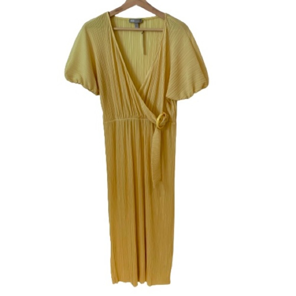 ASOS Tall Yellow Ribbed Maxi Dress Puff Sleeves with Waist Belt